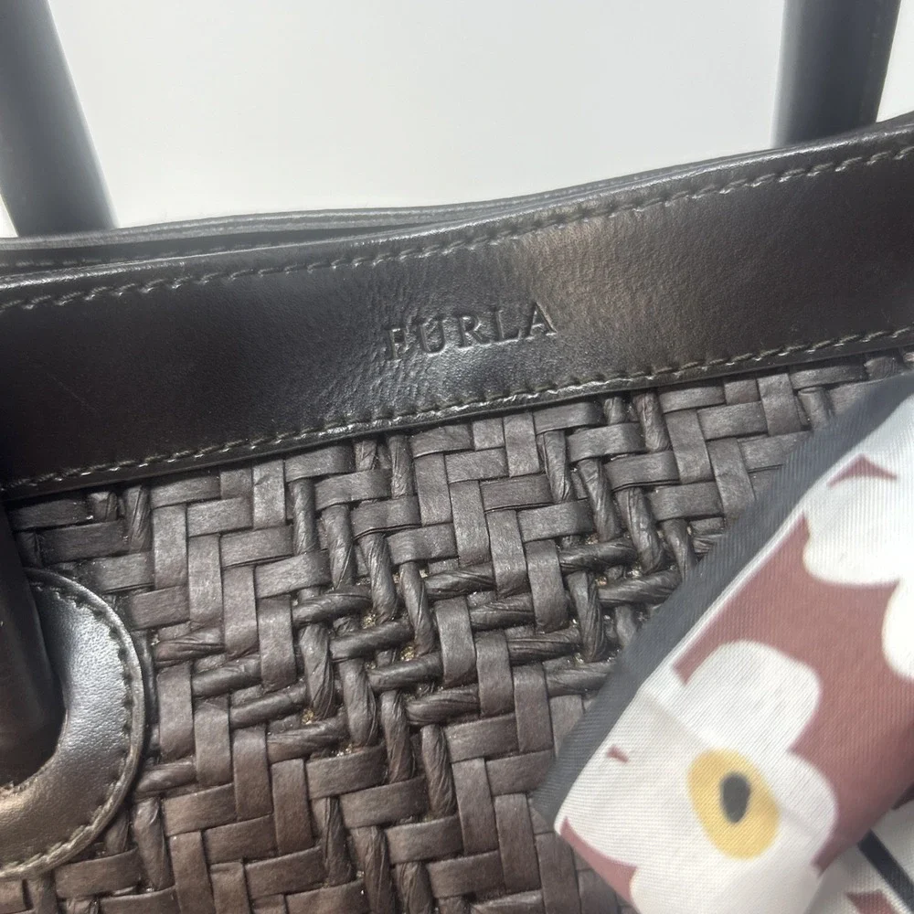 FURLA Italy Dark Brown Leather Woven Handbag Purse Satchel